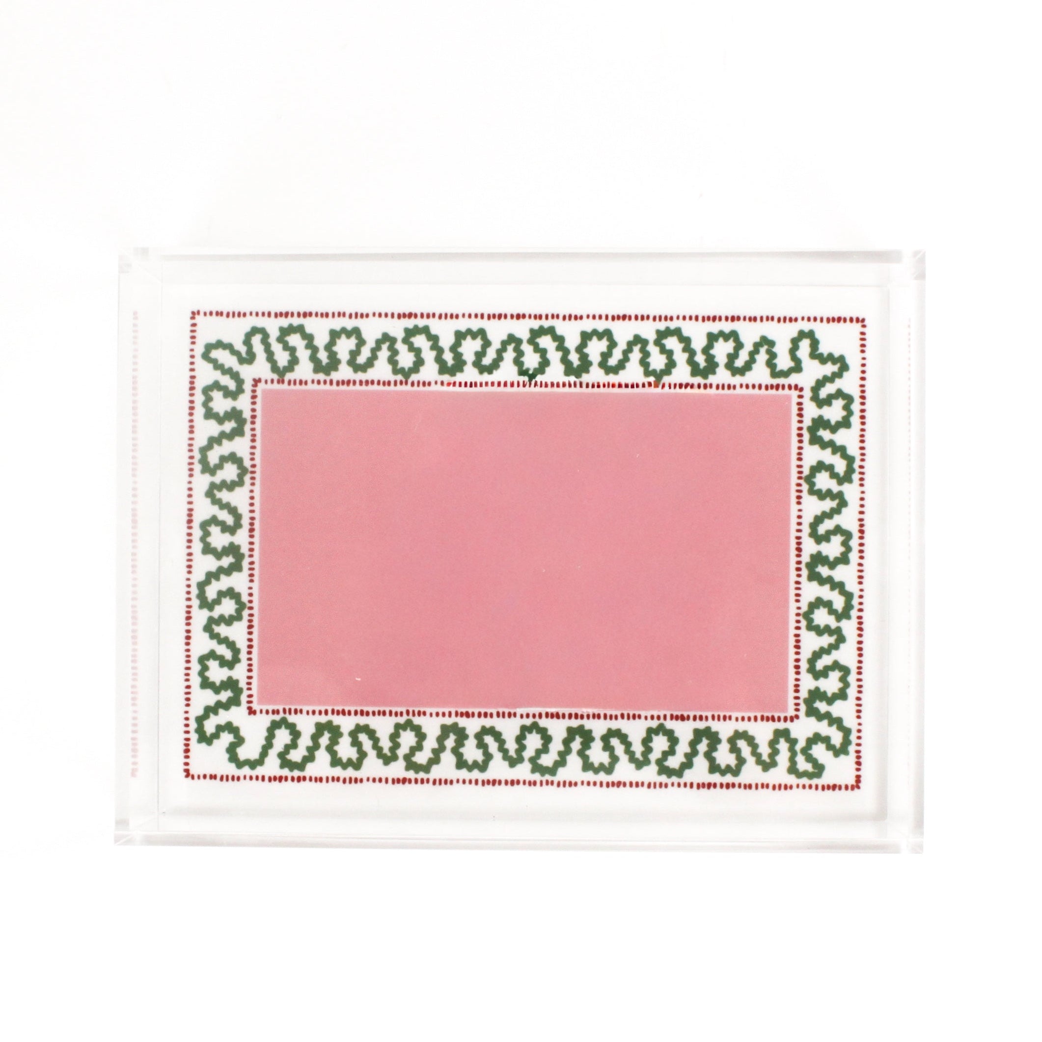 Harborr Trail Pink and Green w/Blue Dash Rectangular Acrylic Tray in small Size. Center is a large pink rectangle with blue dashes around it and a green squiggle.