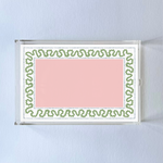 Harborr Trail Pink and Green w/Blue Dash Rectangular Acrylic Tray in 2 Sizes. Center is a large pink rectangle with blue dashes around it and a green squiggle.