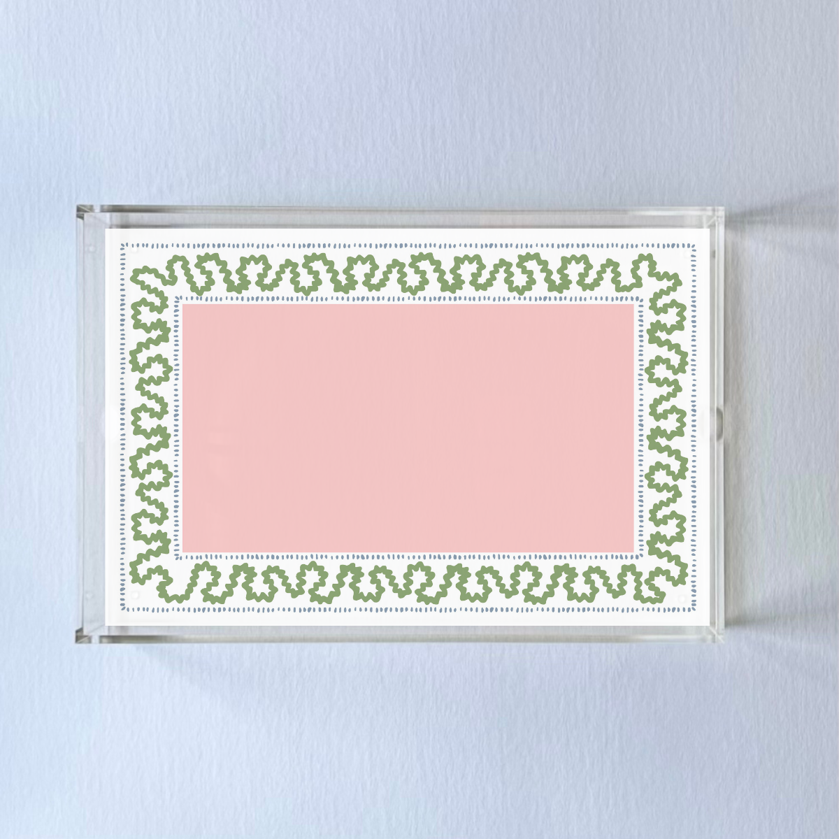 Harborr Trail Pink and Green w/Blue Dash Rectangular Acrylic Tray in 2 Sizes. Center is a large pink rectangle with blue dashes around it and a green squiggle.