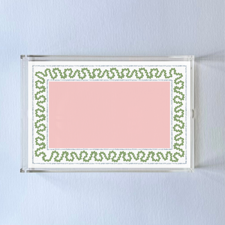 Harborr Trail Pink and Green w/Blue Dash Rectangular Acrylic Tray in 2 Sizes. Center is a large pink rectangle with blue dashes around it and a green squiggle.