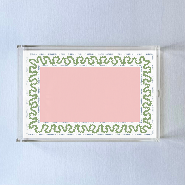 Harborr Trail Pink and Green w/Blue Dash Rectangular Acrylic Tray in 2 Sizes. Center is a large pink rectangle with blue dashes around it and a green squiggle.