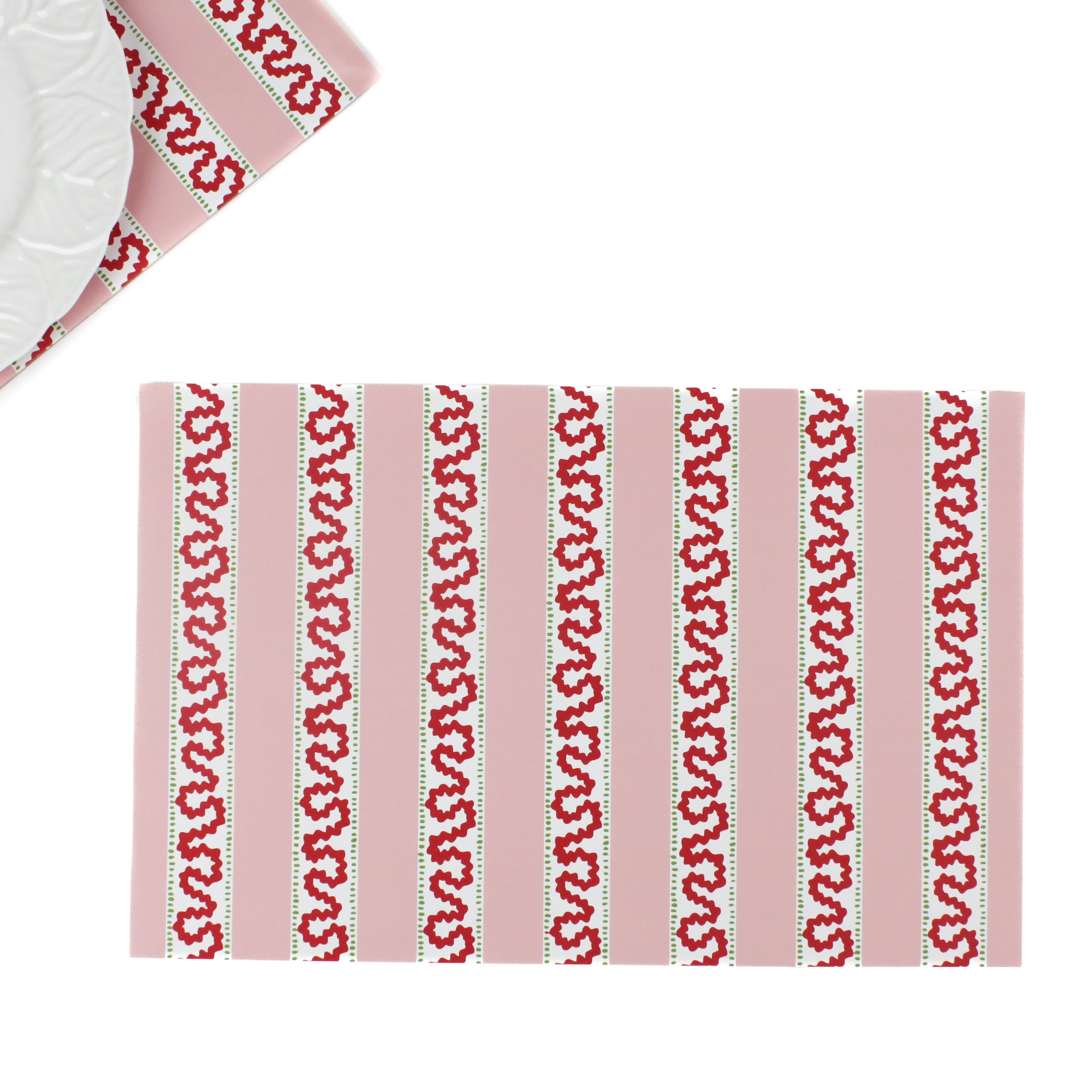 red and pink paper placemats featuring a striped pattern called harbor trail in a white background.