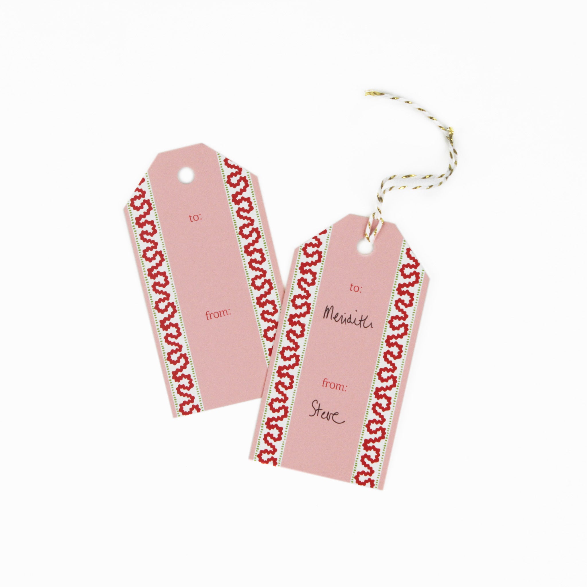 2 gift tags with harbor trail design in red/pink with white space for personal message