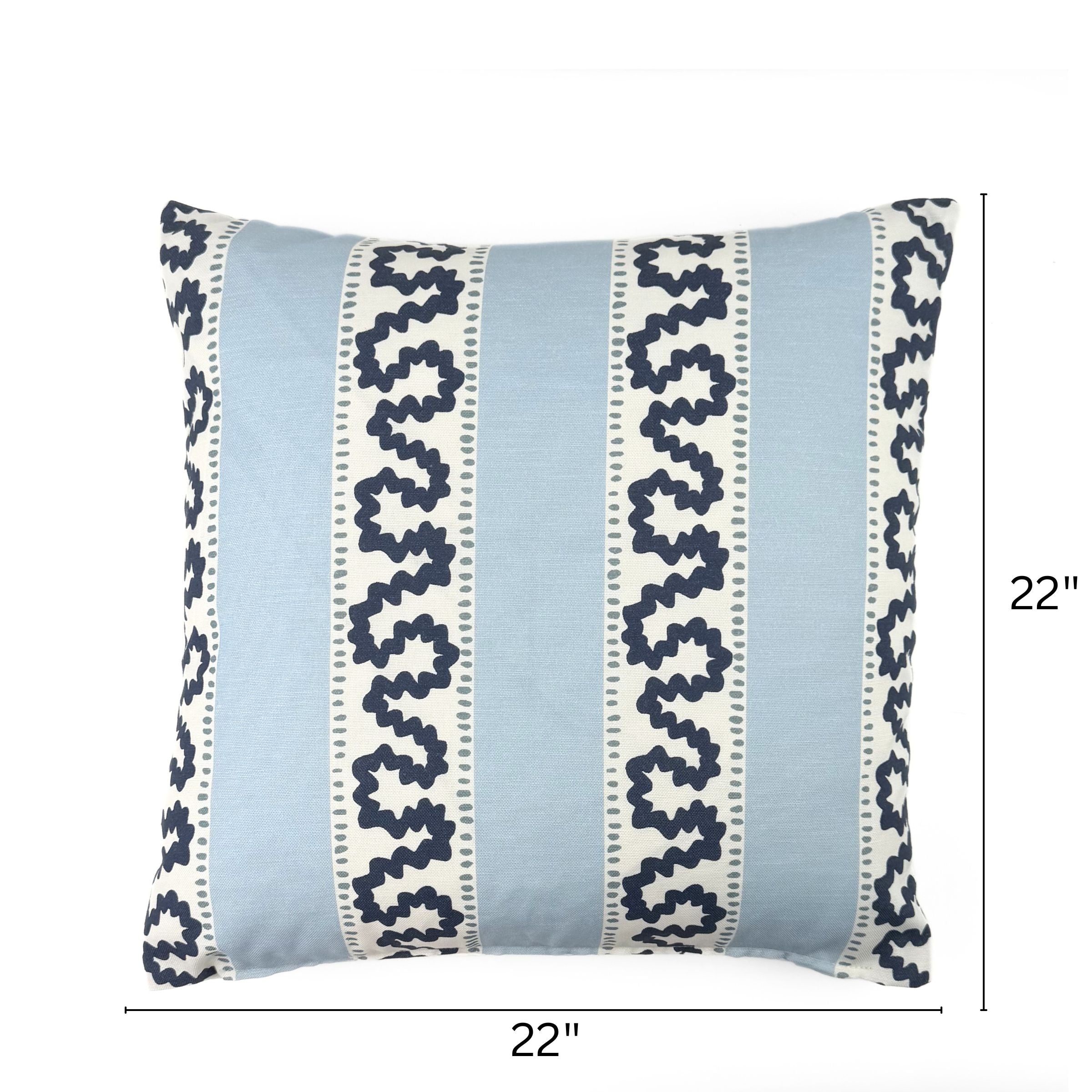 Harbor Trail White Blue outdoor pillow, 22 by 22 inches.