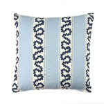 Harbor Trail outdoor pillow with white and blue coastal pattern.