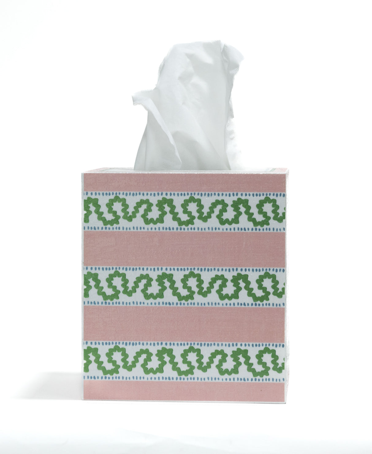 A madcap cottage white and pink striped tissue box cover with a green squiggle on each white stripe