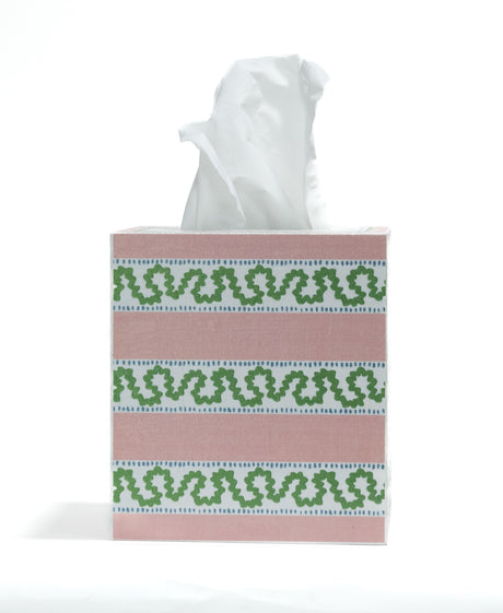 A madcap cottage white and pink striped tissue box cover with a green squiggle on each white stripe