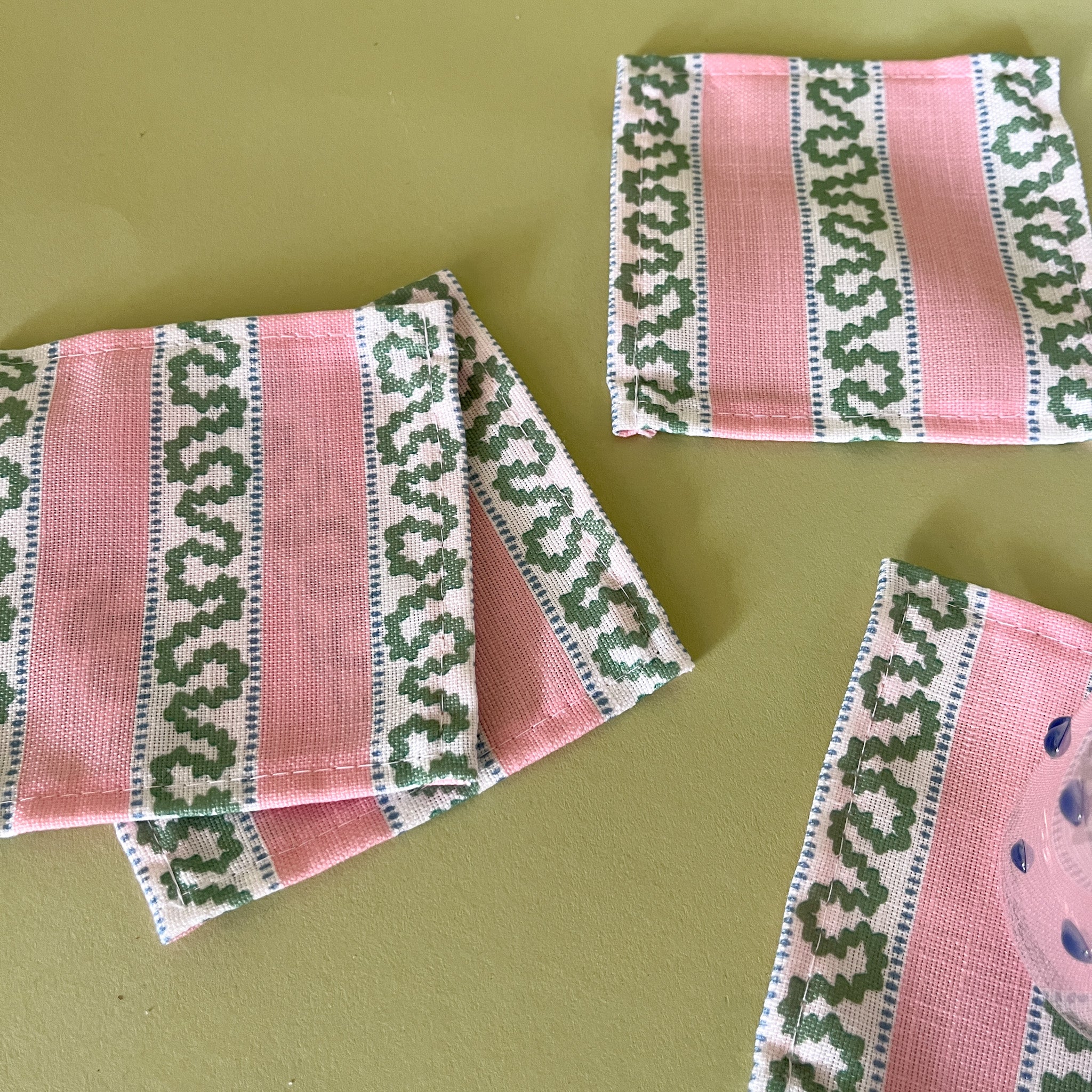 harbor trail pink and green linen cocktail coasters