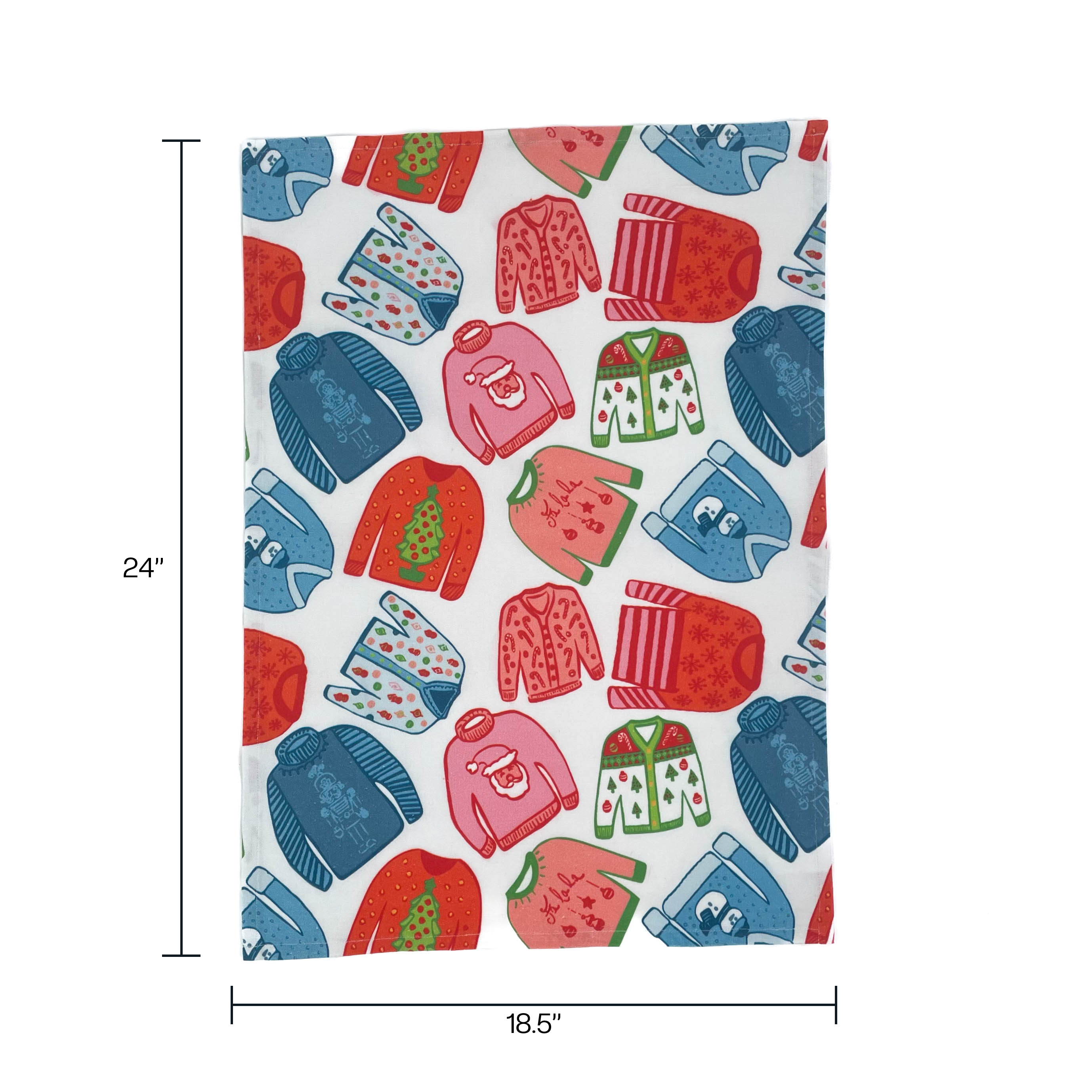 a christmas tea towel featuring a repeating holiday sweater design in red, pink and blue with dimension notation of 24" x 18.5"
