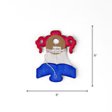 A red white and blue honeycomb paper bell garland decoration displayed with 6" by 8" dimensions on a white background.