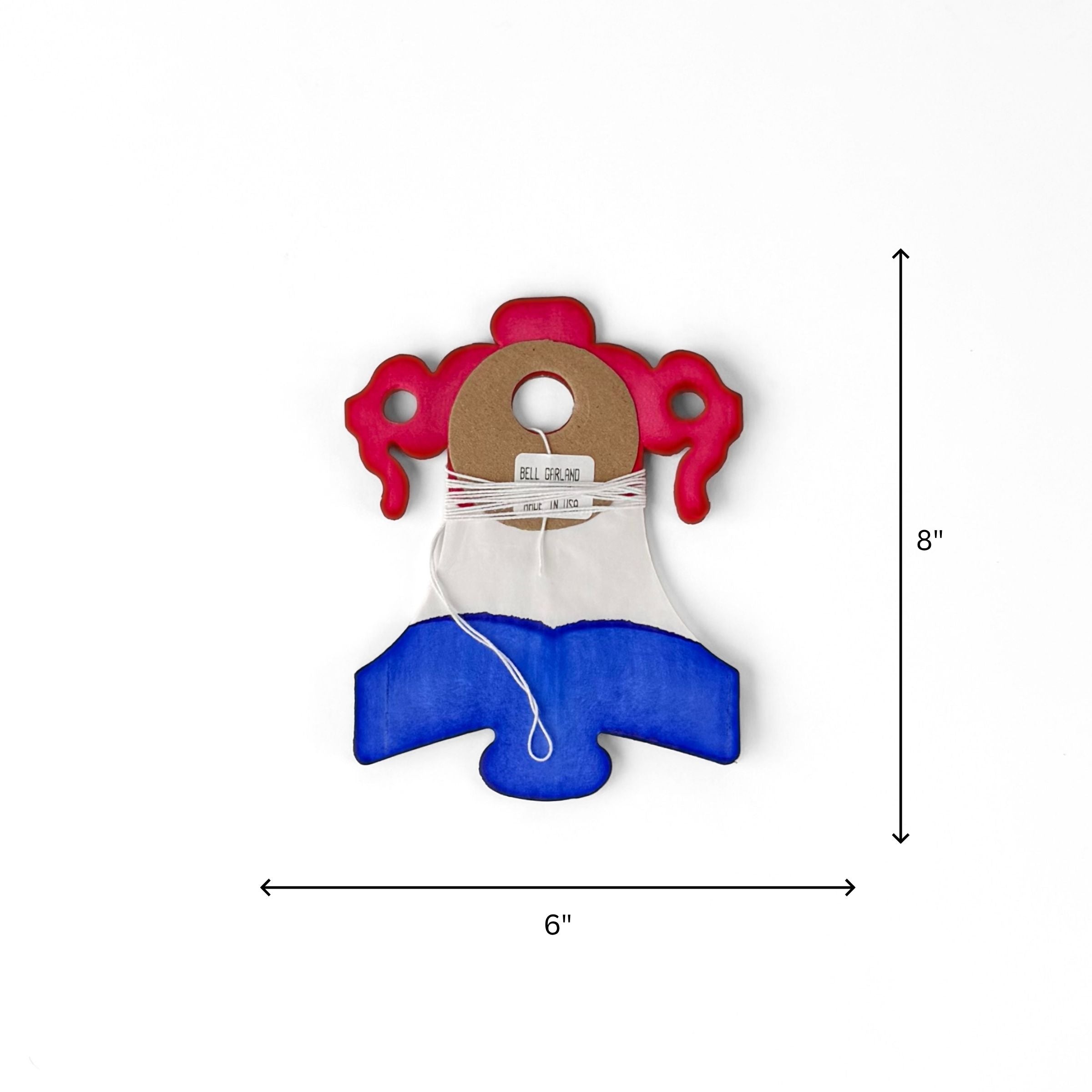 A red white and blue honeycomb paper bell garland decoration displayed with 6" by 8" dimensions on a white background.