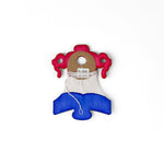 A folded red white and blue honeycomb paper bell garland decoration wrapped with string on a white background.