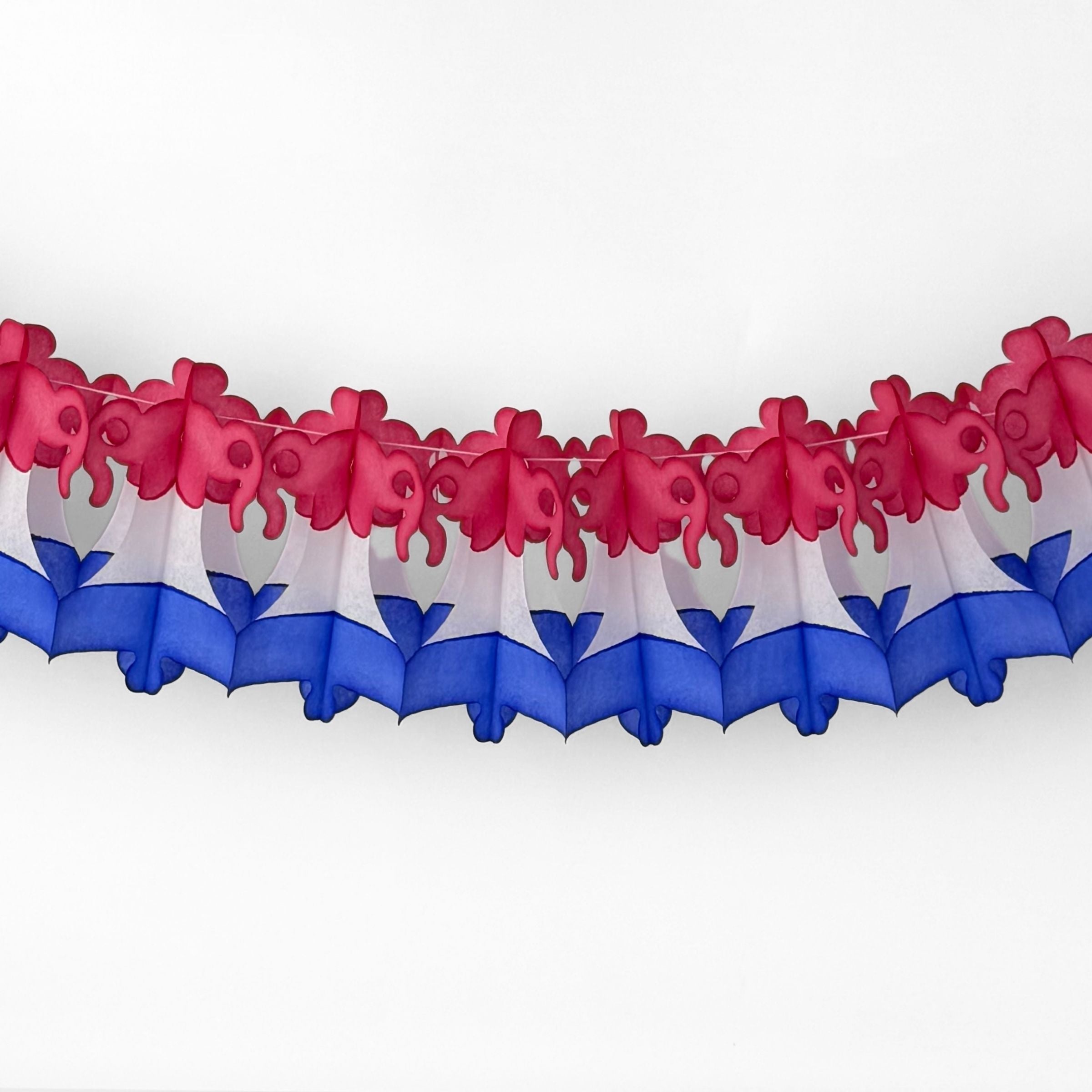 A red white and blue honeycomb paper bell garland decoration hanging against a white background.