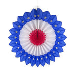 A red white and blue honeycomb paper fan decoration with patriotic star details hanging against a white background.