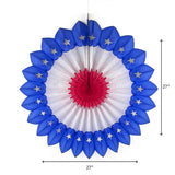 A red white and blue honeycomb paper fan decoration with patriotic star details displayed with 27" by 27" dimensions on a white background.