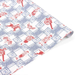 Patriotic gift wrap roll featuring red colonial soldiers, horseback riders, American flags, and blue borders.