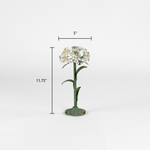 a large metal flower candle holder in the shape of a hydrangea on a white background with dimension of 5" by 11.75"