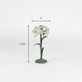 a large metal flower candle holder in the shape of a hydrangea on a white background with dimension of 5" by 11.75"