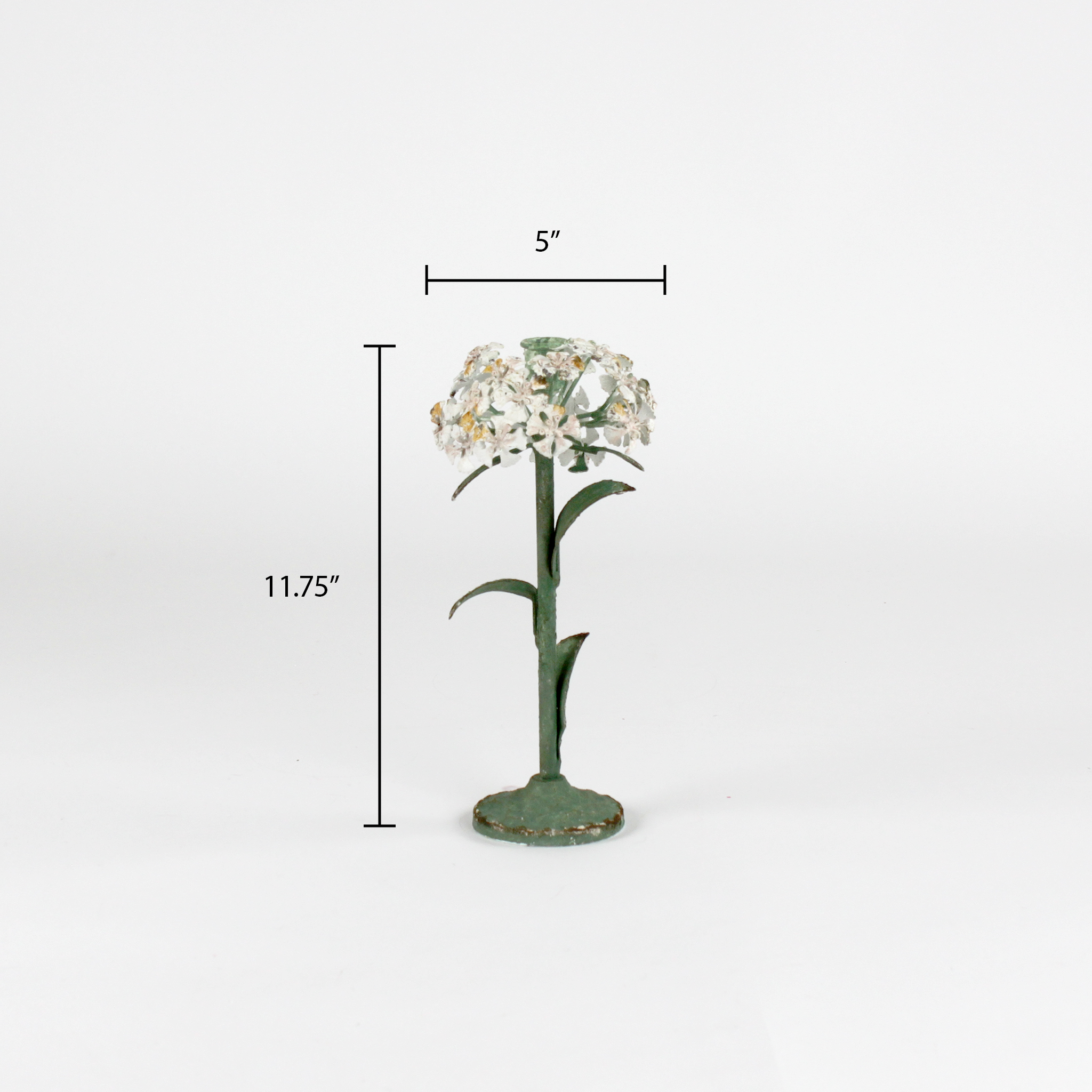a large metal flower candle holder in the shape of a hydrangea on a white background with dimension of 5" by 11.75"