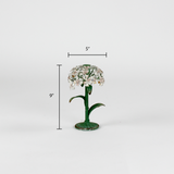 a large metal flower candle holder in the shape of a hydrangea on a white background with dimension of 5" by 9"