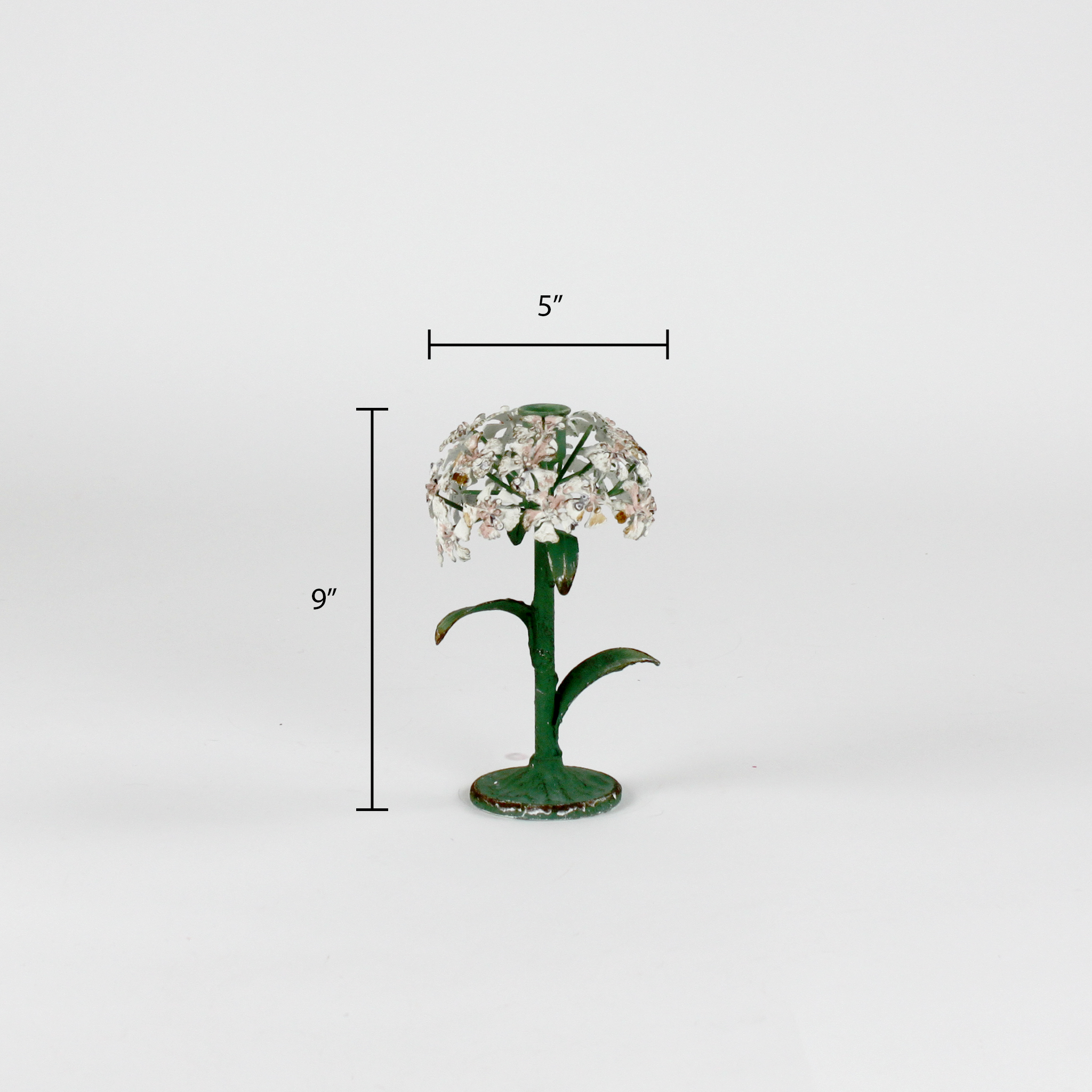 a large metal flower candle holder in the shape of a hydrangea on a white background with dimension of 5" by 9"