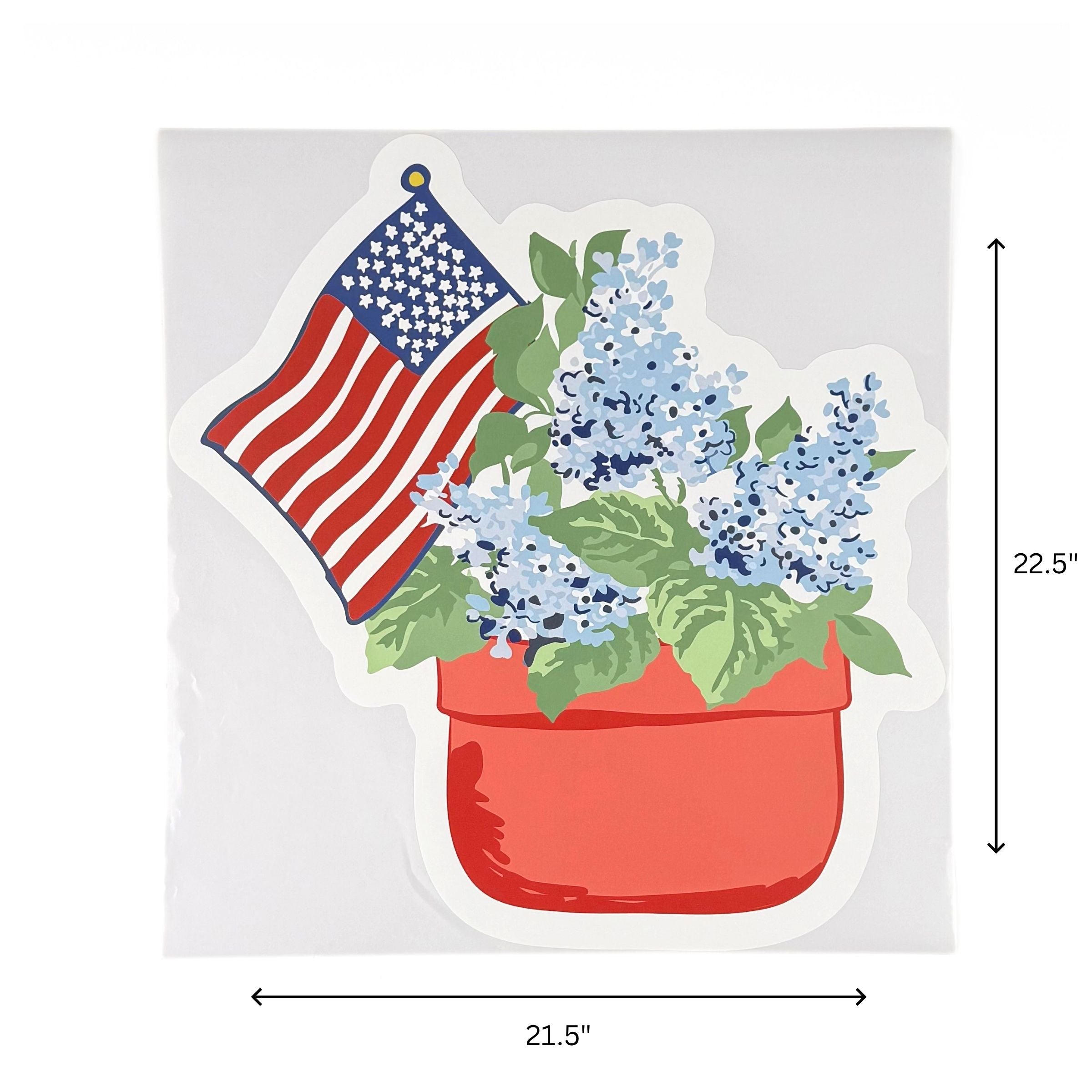 Hydrangea patriotic wall decal measuring 21.5 inches wide and 22.5 inches high.