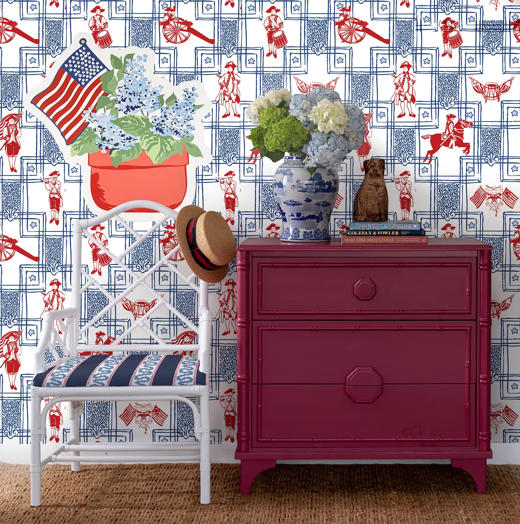 Hydrangea patriotic wall decal displayed in a colorful Americana-inspired room.