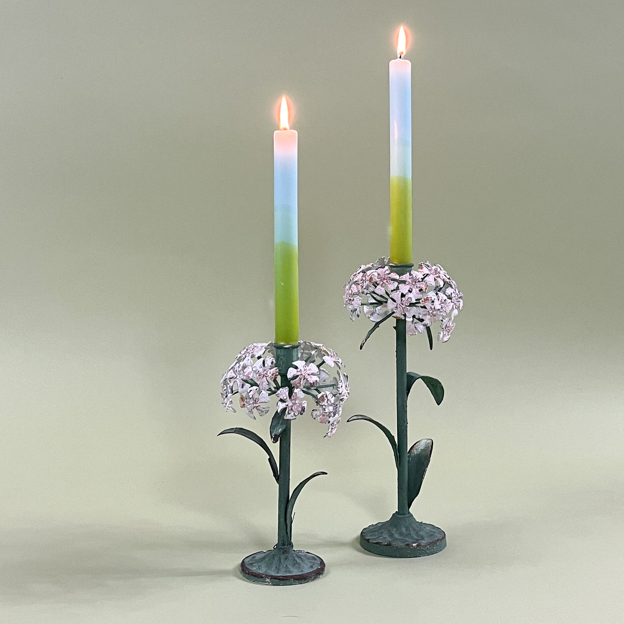 hydrangea hand-painted tole metal flower candle holders with candles