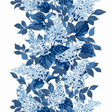 a blue and white fabric sample featuring a leafy hydrangea motif. 