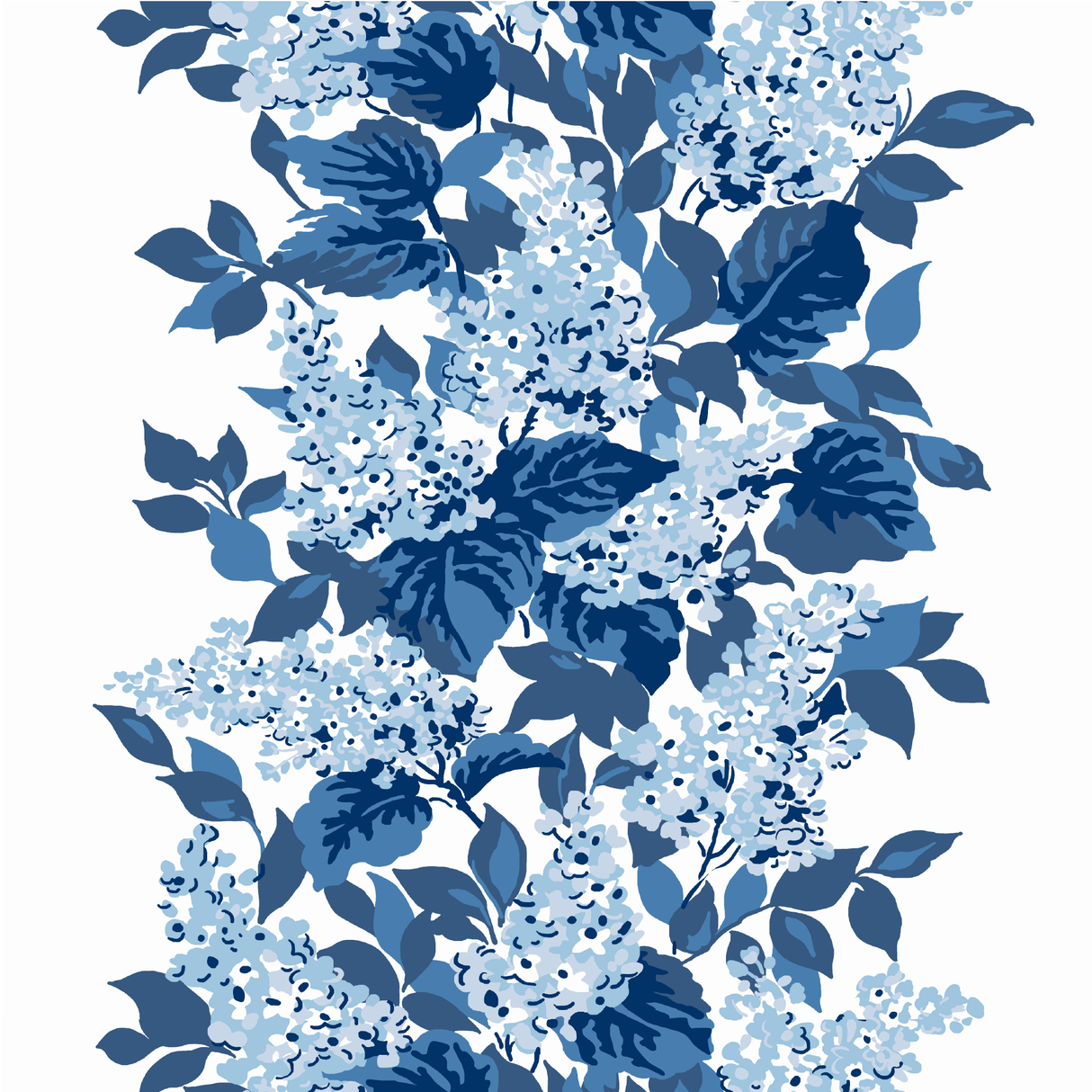 a blue and white fabric sample featuring a leafy hydrangea motif. 