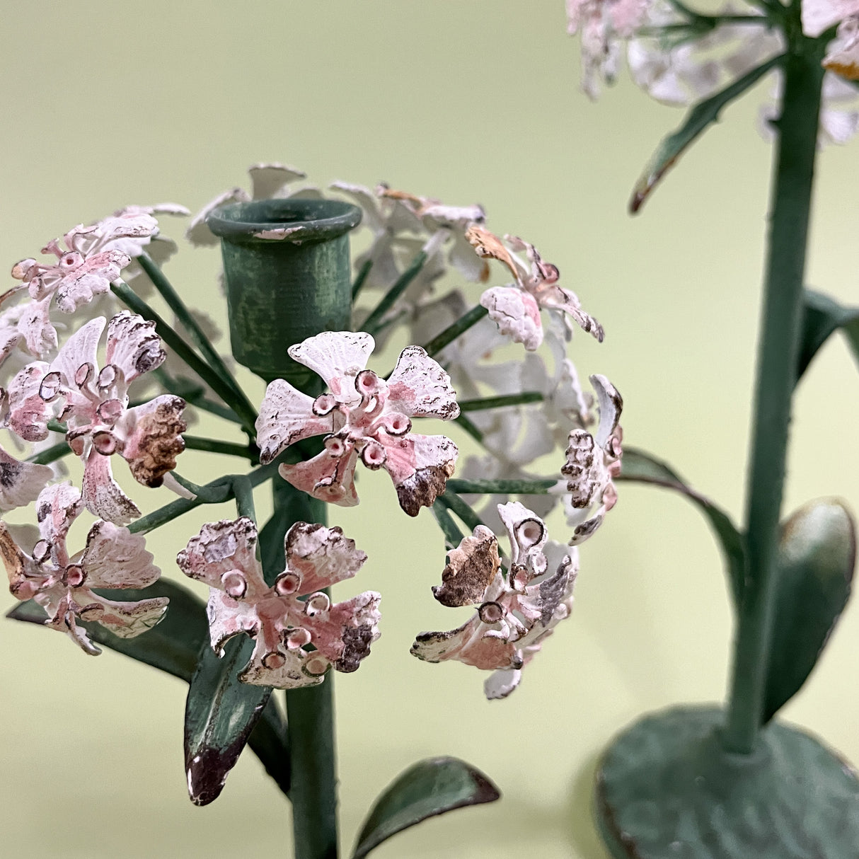 hydrangea hand-painted tole metal flower candle holder detail