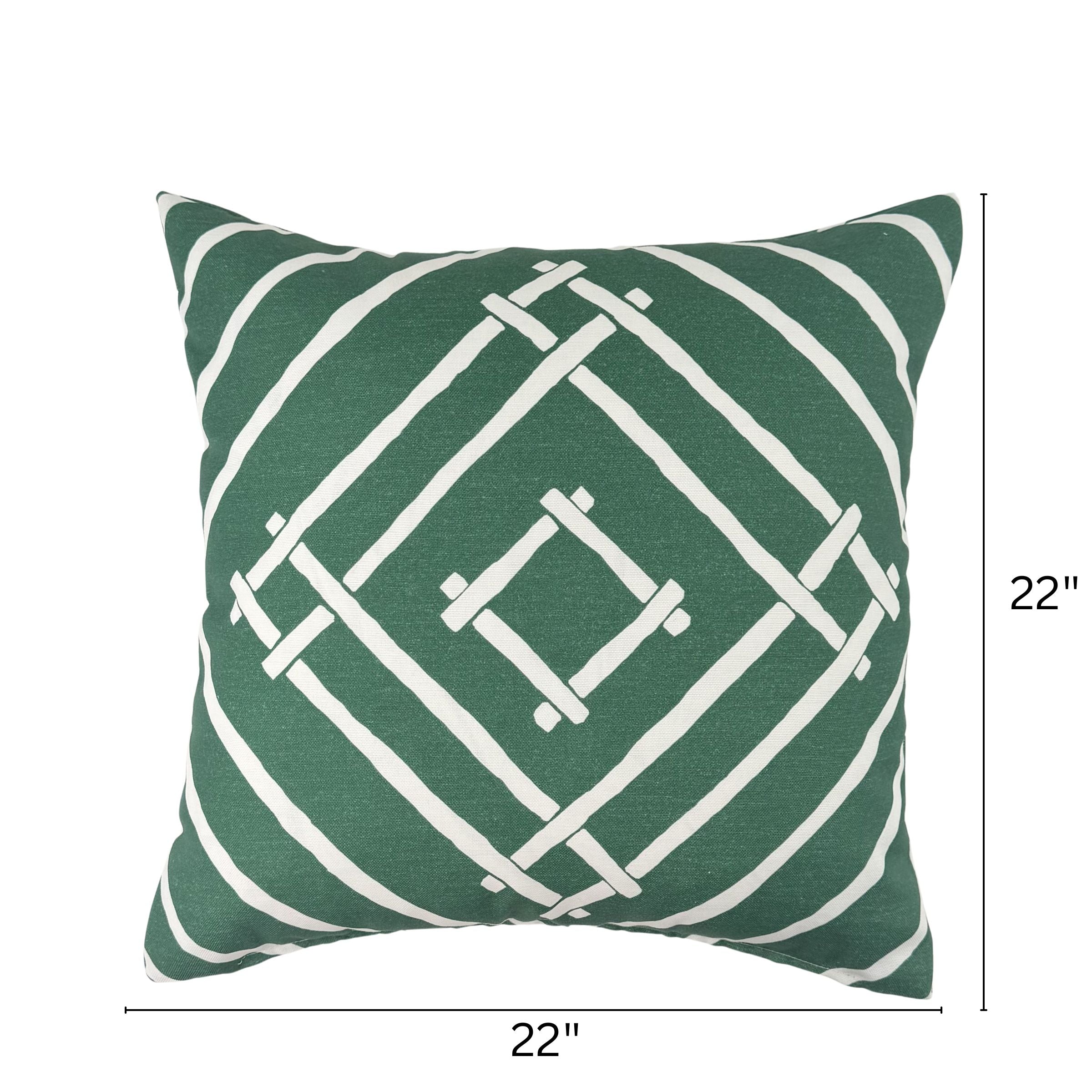 Island House Green White outdoor pillow, 22 by 22 inches.