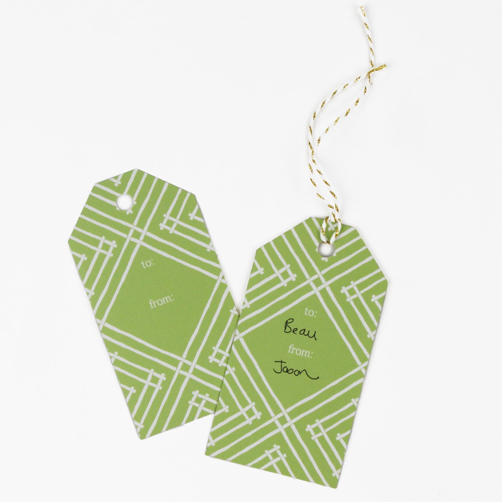 a gift tag with a geometric lattice pattern in green/yellow, with a space for personalized message.