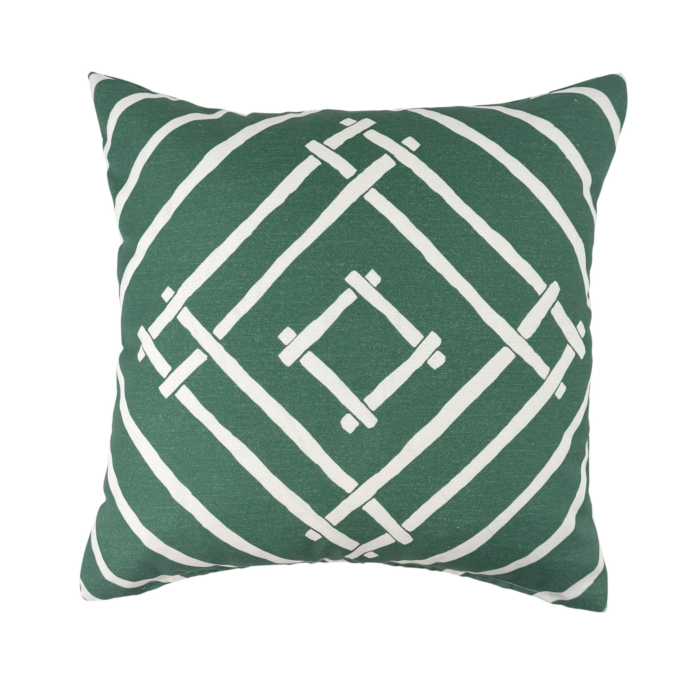 Back view of Island House Green White outdoor pillow.