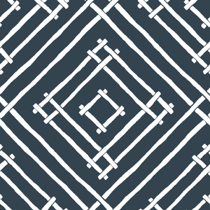 A fabric with a geometric bamboo trellis pattern in a navy blue color.
