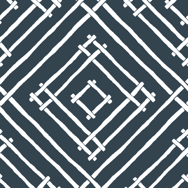 A fabric with a geometric bamboo trellis pattern in a navy blue color.