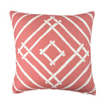 Island House outdoor pillow with pink and white tropical pattern.