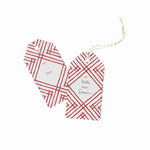 a gift tag with a geometric lattice pattern in red, with a space for personalized message.