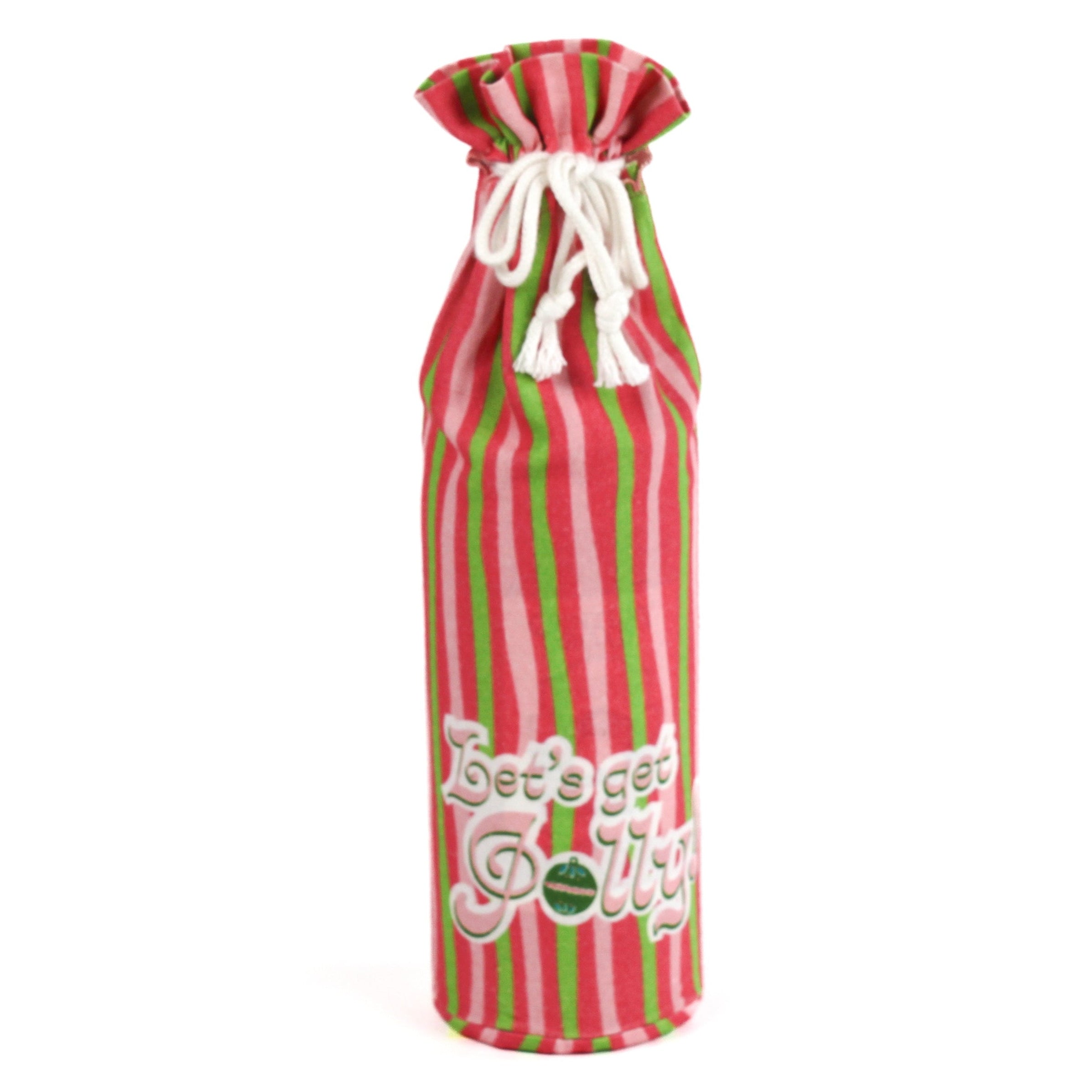 Mad cap Cottage Red and green striped wine bottle bag with white drawstring on a white background