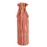 back of a Mad cap Cottage Red and green striped wine bottle bag with white drawstring on a white background
