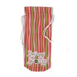 Mad cap Cottage Red and green striped wine bottle bag with white drawstring on a white background