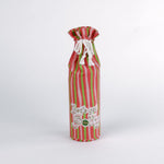 Mad cap Cottage Red and green striped wine bottle bag with white drawstring on a white background