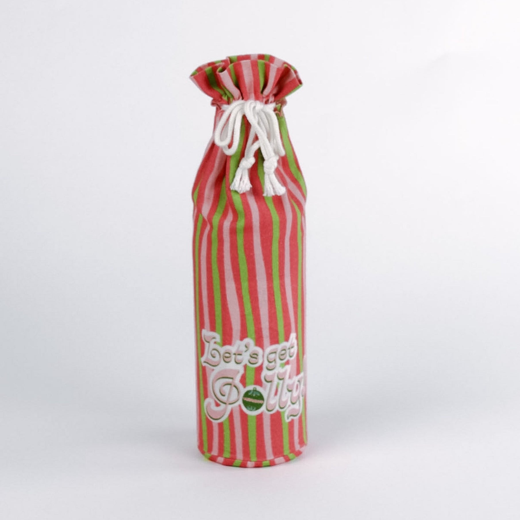 Mad cap Cottage Red and green striped wine bottle bag with white drawstring on a white background