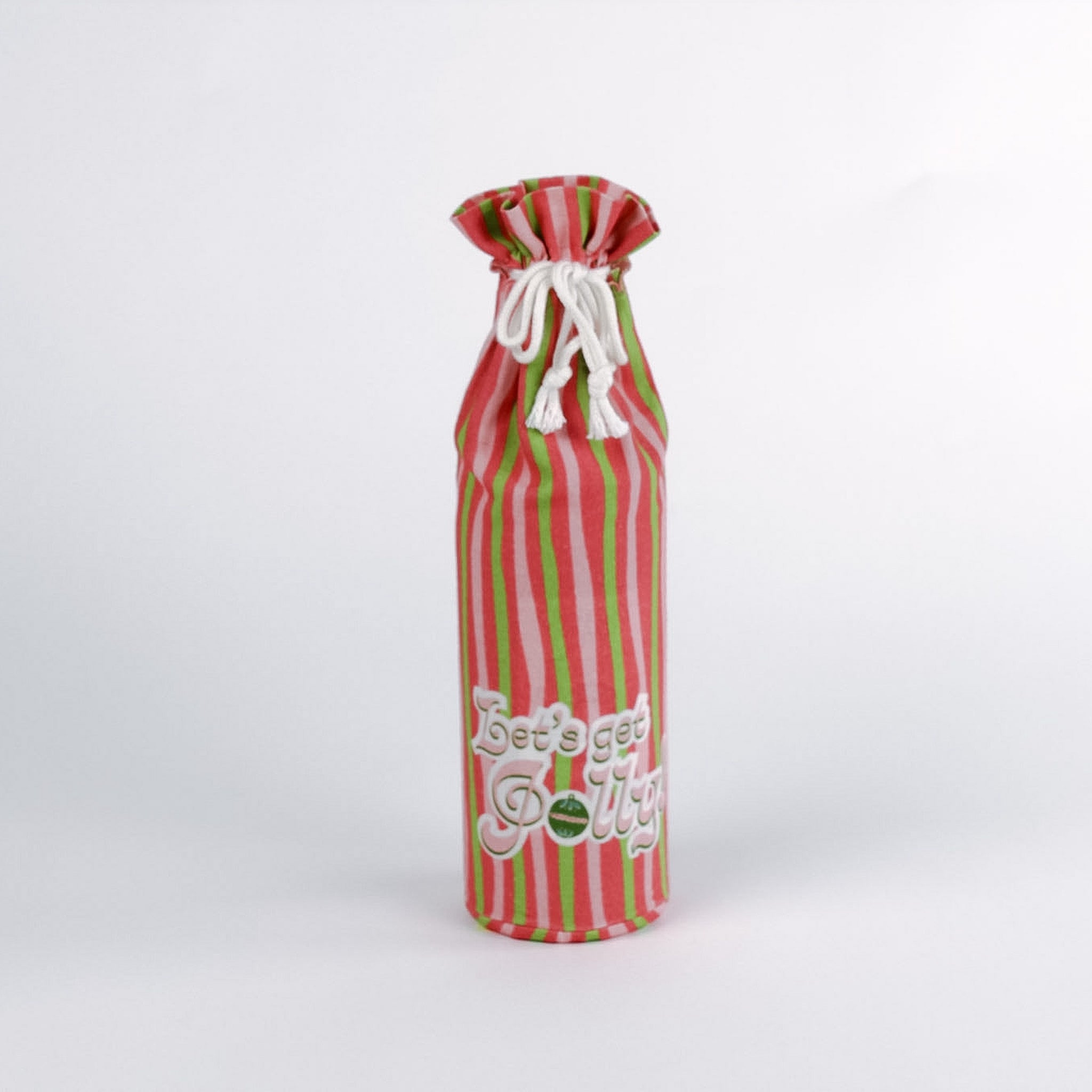 Mad cap Cottage Red and green striped wine bottle bag with white drawstring on a white background
