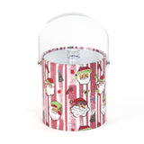 Jolly Santas is a pink and white stiped fabric with jolly santa motif on a 3 quart acrylic Christmas ice bucket