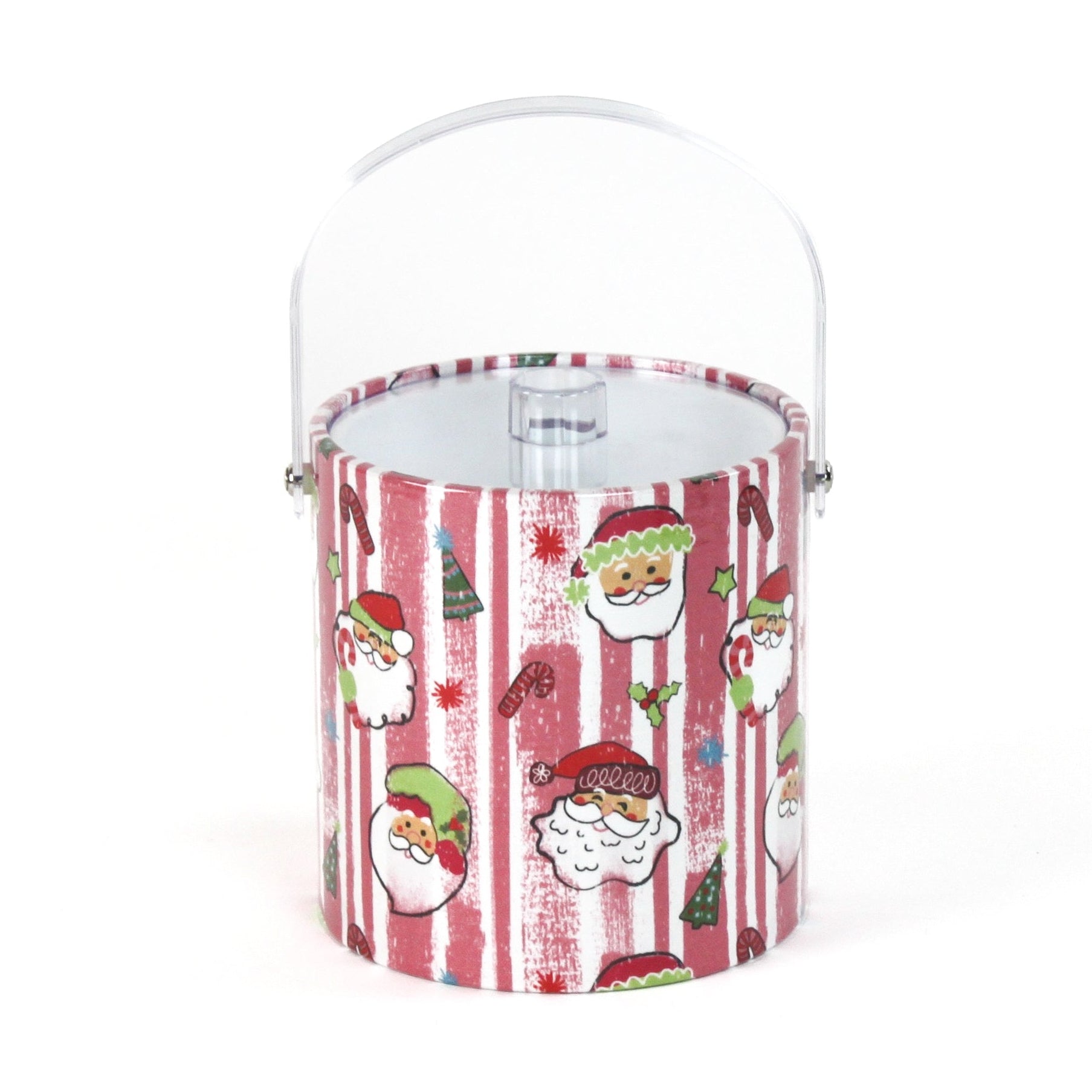 Jolly Santas is a pink and white stiped fabric with jolly santa motif on a 3 quart acrylic Christmas ice bucket