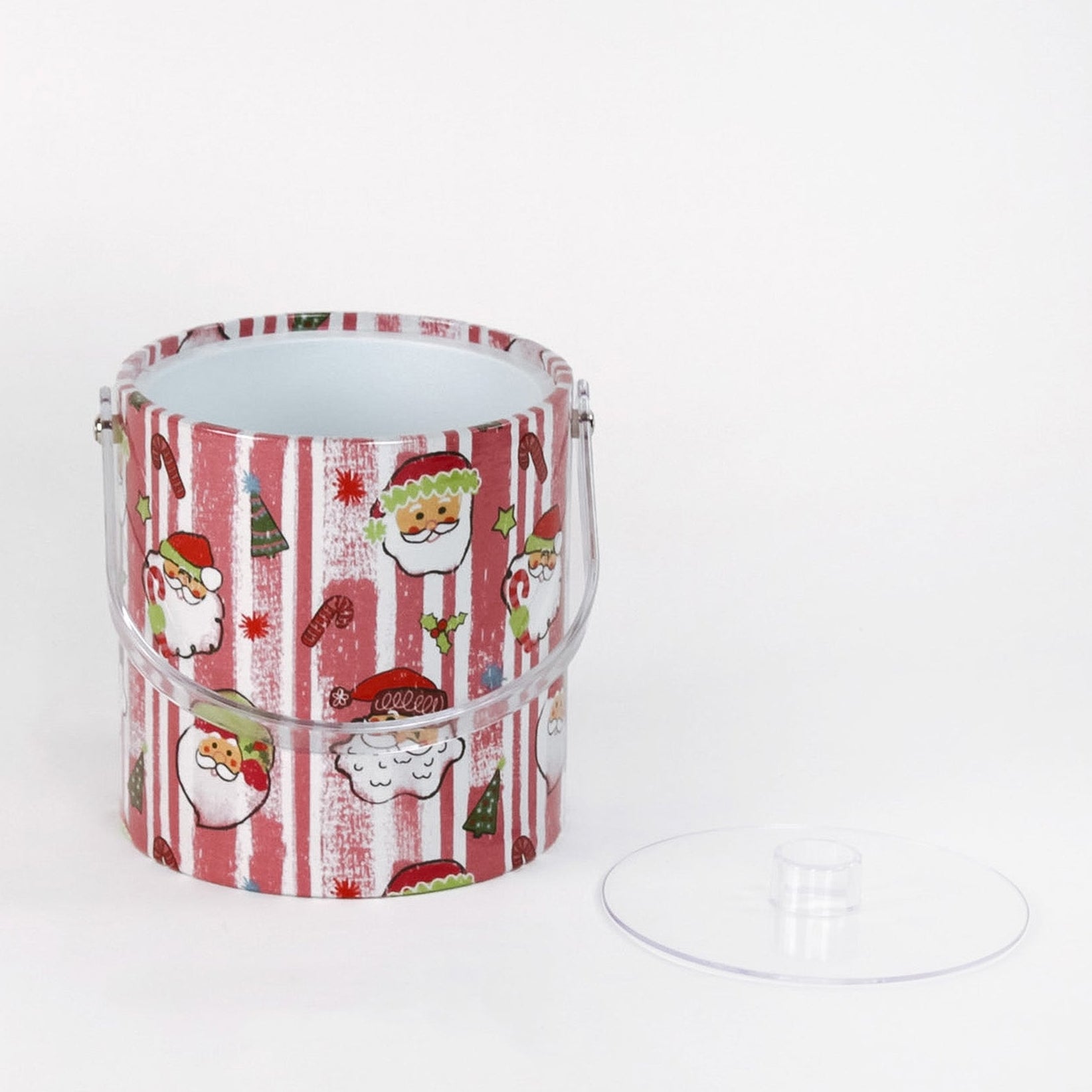 Jolly Santas is a pink and white stiped fabric with jolly santa motif on a 3 quart acrylic Christmas ice bucket