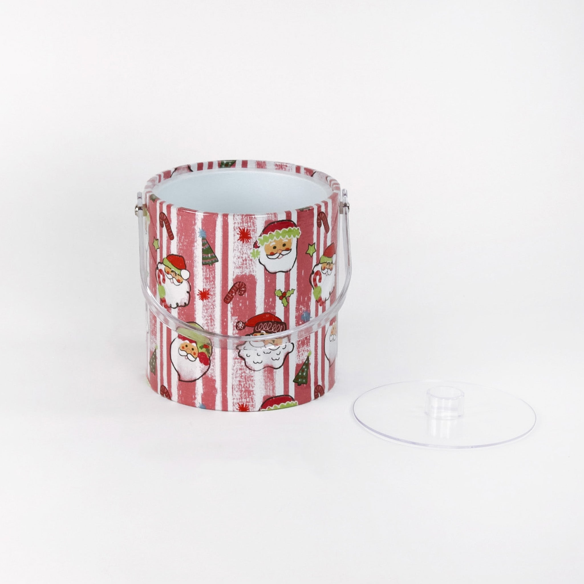 Jolly Santas is a pink and white stiped fabric with jolly santa motif on a 3 quart acrylic Christmas ice bucket