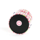 Jolly Santas is a pink and white stiped fabric with jolly santa motif on a 3 quart acrylic Christmas ice bucket showing it's bottom
