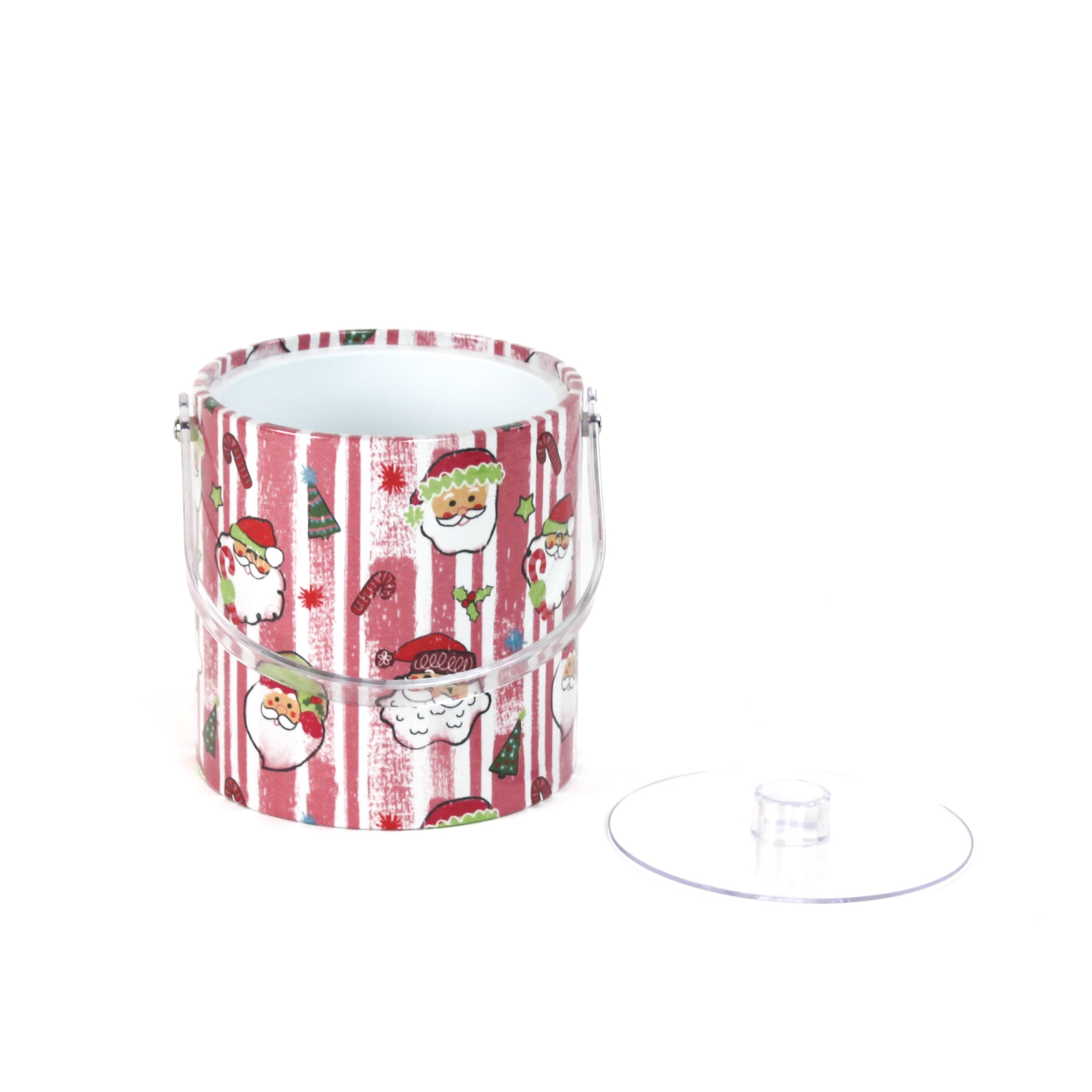 Jolly Santas is a pink and white stiped fabric with jolly santa motif on a 3 quart acrylic Christmas ice bucket
